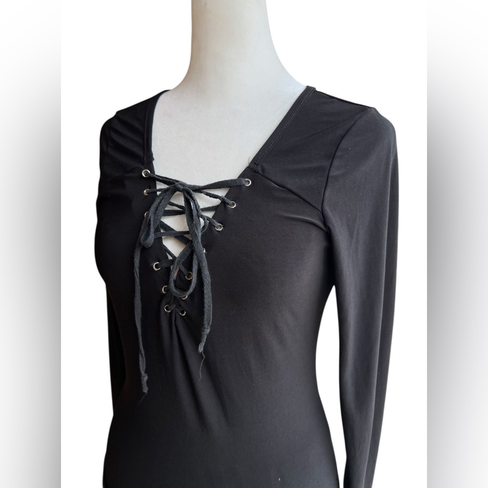VTG CONTEMPO CASUALS Y2K Lace Up Long Sleeved Black 2000s Top Whimsigoth Stretch - Picture 3 of 10